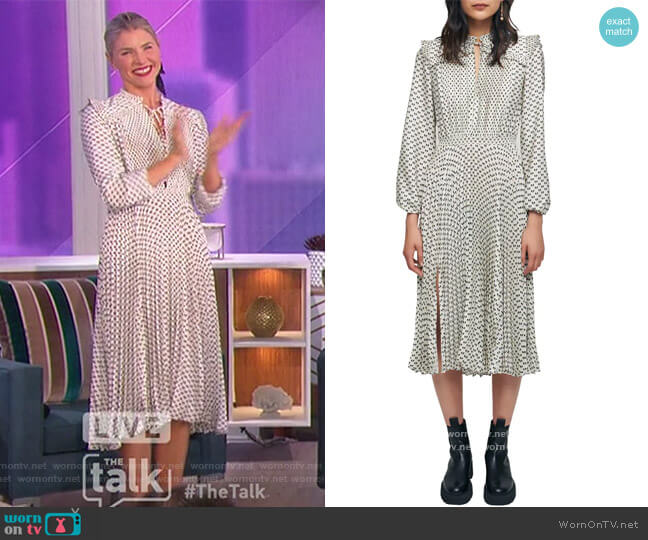 Maje Ripletta Bow Print Pleated Satin Midi Dress worn by Amanda Kloots on The Talk
