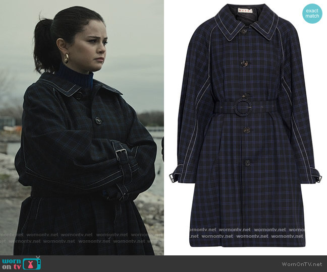 Marni Belted checked wool-gabardine coat worn by Mabel Mora (Selena Gomez) on Only Murders in the Building