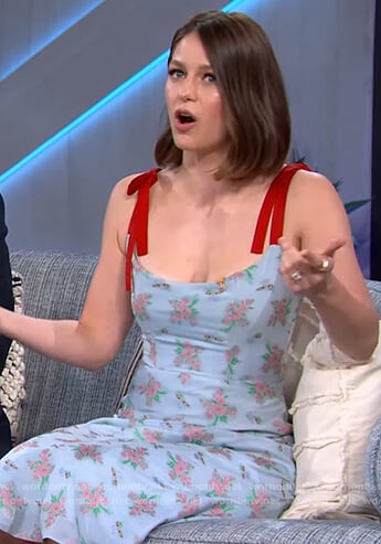 Melissa Banoist’s blue floral dress with straps on The Kelly Clarkson Show