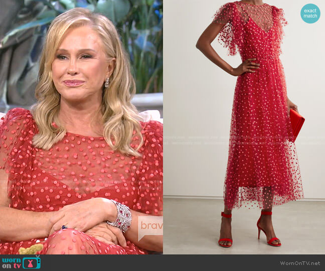 Monique Lhuillier Polka-Dot Tulle Midi Dress worn by Kathy Hilton on The Real Housewives of Beverly Hills