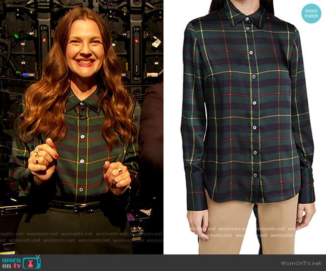 Monse Cowl Back Plaid Blouse worn by Drew Barrymore on The Drew Barrymore Show