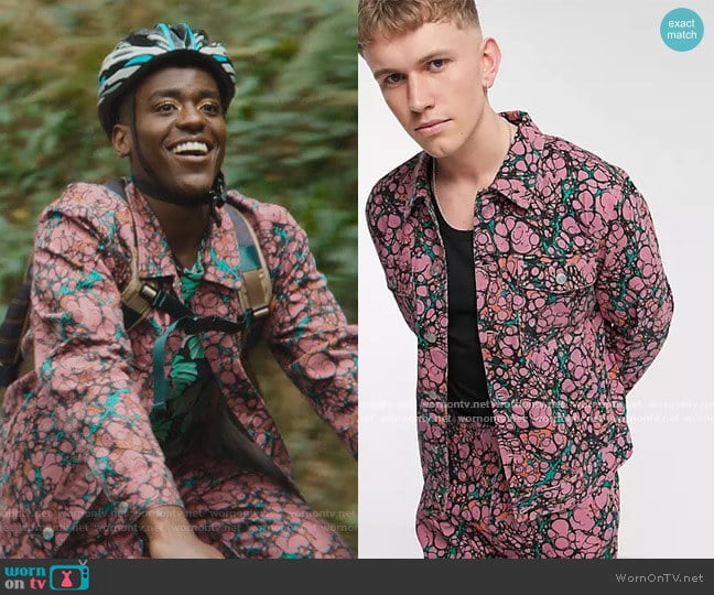 ASOS Obey Botch all-over Print Denim Jacket worn by Eric Effiong (Ncuti Gatwa) on Sex Education