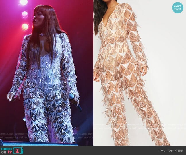 Pretty Little Thing Rose Gold Tassel Sequin Plunge Jumpsuit worn by Brianna (Eve) on Queens