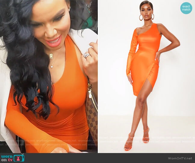 Pretty Little Thing Bright Orange One Shoulder Asymmetric Neck Bodycon Dress worn by Mia Thornton on The Real Housewives of Potomac