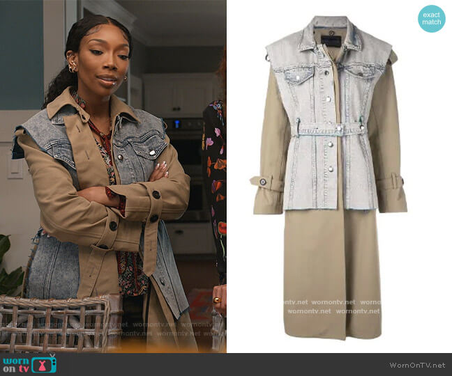 Proenza Schouler Belted Trench with Denim Vest Coat worn by Naomi (Brandy Norwood) on Queens