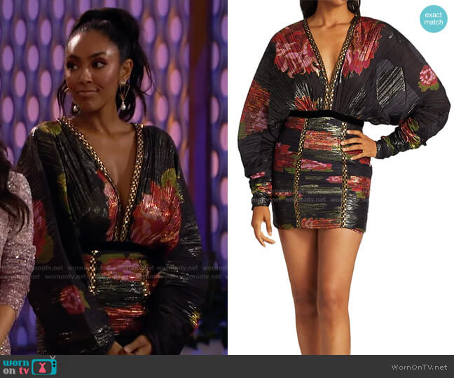 Raisavanessa Balloon-Sleeves Pleated Deep V Mini Dress worn by Tayshia Adams on The Bachelorette