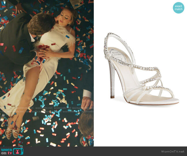 Rene Caovilla Embellished Asymmetrical Slingback Cocktail Sandals worn by Fallon Carrington (Elizabeth Gillies) on Dynasty