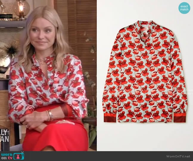 Raquel Diniz Savannah Floral-Print Silk-Satin Blouse worn by Kelly Ripa on Live with Kelly and Mark