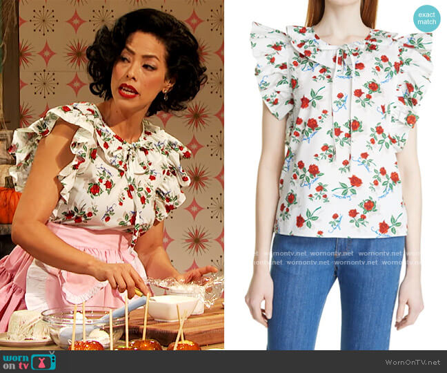 See by Chloe Ruffled floral-print cotton-poplin blouse worn by Drew Barrymore on The Drew Barrymore Show