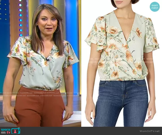 ASTR the Label Short Flutter Sleeve Surplice V-Neck Top worn by Ginger Zee on Good Morning America