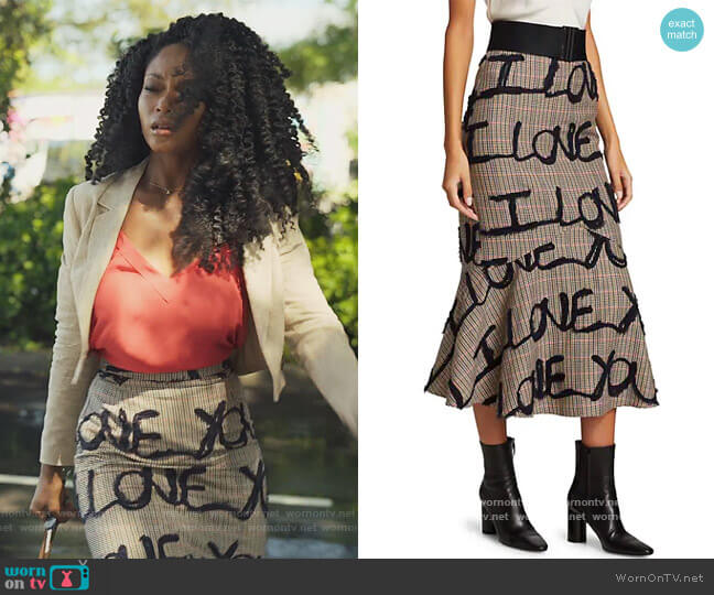 Silvia Tcherassi Love You Embroidered Skirt worn by Angela Vaughn (Yaya DaCosta) on Our Kind of People