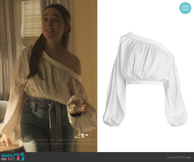 Silvia Tcherassi Striped One-Shoulder Puff-Sleeve Blouse worn by Love Quinn (Victoria Pedretti) on You