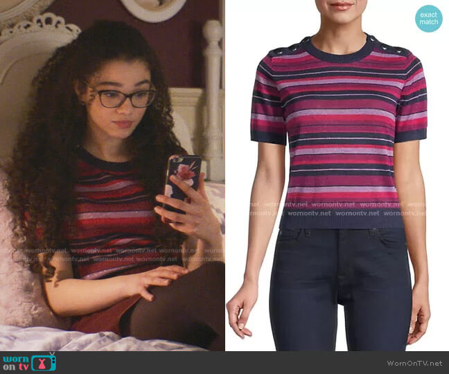 Kate Spade Striped Short-Sleeve Sweater worn by Mary-Anne Spier (Malia Baker) on The Baby-Sitters Club