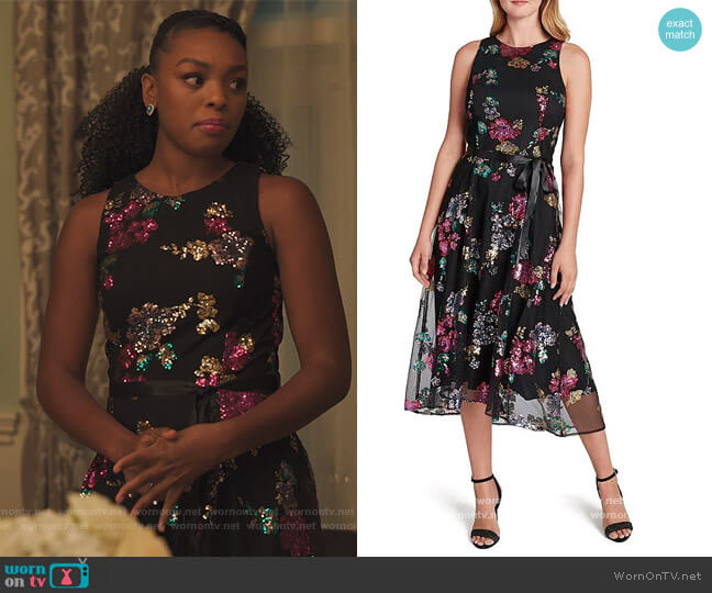 Tahari ASL Jewel Neck Sleeveless Floral Sequined Dress worn by Nikki Vaughn (Alana Bright) on Our Kind of People