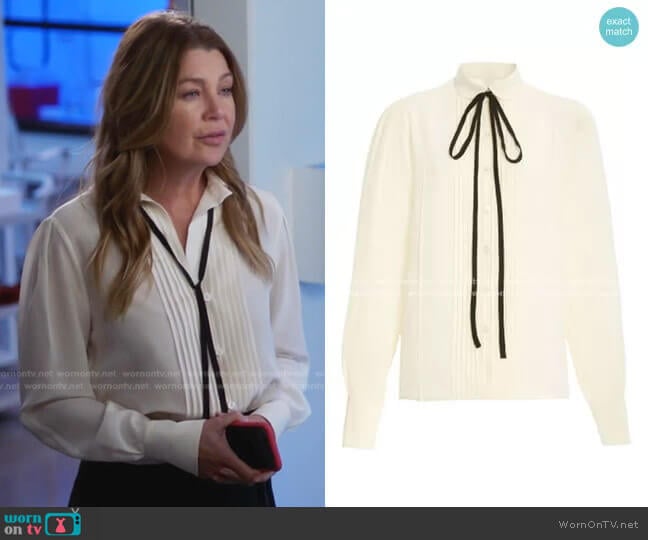 Victoria Beckham Contrast Ties Pleated Front Silk Shirt worn by Meredith Grey (Ellen Pompeo) on Greys Anatomy