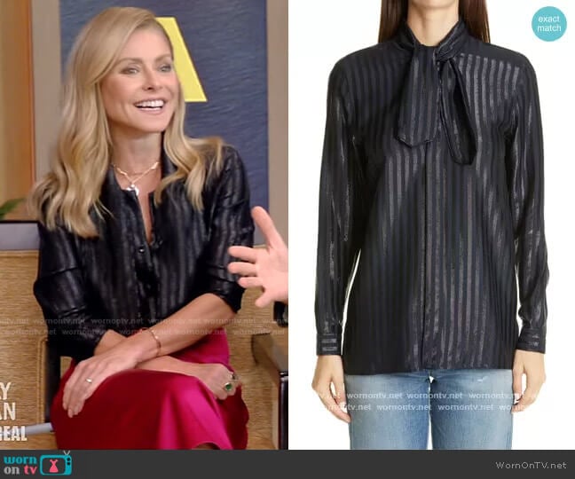 Saint Laurent Tie-neck striped metallic silk-blend shirt worn by Kelly Ripa on Live with Kelly and Mark