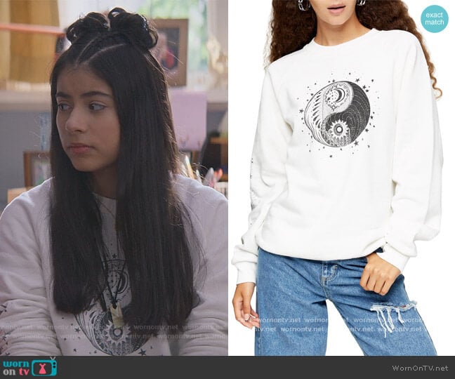 Topshop Mystical Moon Sweatshirt worn by Dawn Schafer (Kyndra Sanchez) on The Baby-Sitters Club