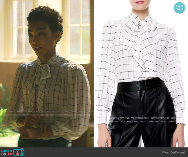 Alice + Olivia Windowpane Check Tie Neck Silk Blouse worn by Marienne (Tati Gabrielle) on You