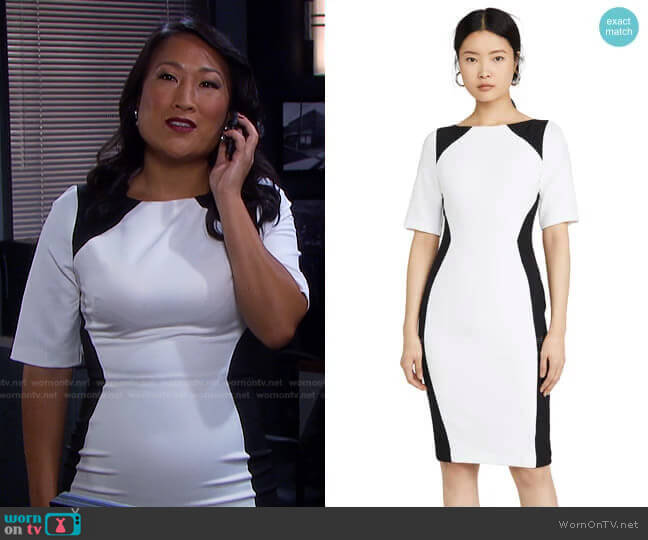 Black Halo Wolfe Colorblock Sheath Dress worn by Melinda Trask (Tina Huang) on Days of our Lives