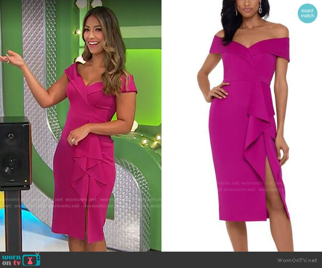 Xscape Waterfall-Ruffle Off-the-Shoulder Gown worn by Manuela Arbeláez on The Price is Right