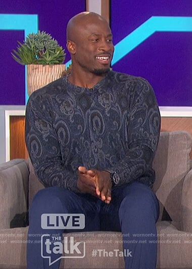 Akbar’s blue paisley print sweater on The Talk