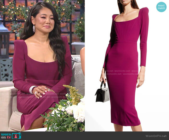 Alex Perry Leigh Strong-Shoulder Corset Midi Dress worn by Crystal Kung Minkoff on The Real Housewives of Beverly Hills