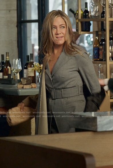 Alex’s grey belted draped front blazer on The Morning Show