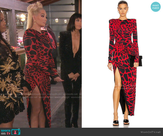 Alexandre Vauthie Giraffe Ruched Maxi Dress worn by Erika Jayne on The Real Housewives of Beverly Hills