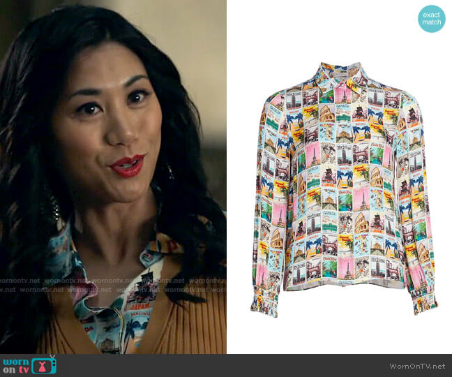 Alice + Olivia Willa Shirt in Wanderlust Postcard worn by Melody Bayani (Liza Lapira) on The Equalizer