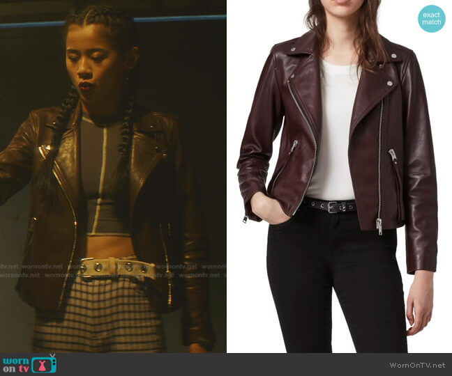 All Saints Dalby Leather Biker Jacket worn by George Fan (Leah Lewis) on Nancy Drew