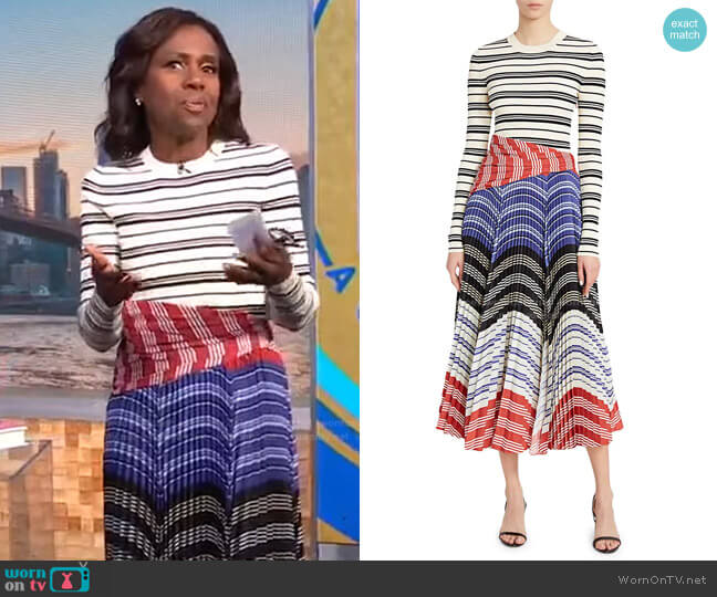 Altuzarra Woodbine Mixed Media Stripe Midi Dress worn by Deborah Roberts on Good Morning America