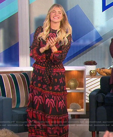 Amanda’s black printed maxi dress on The Talk