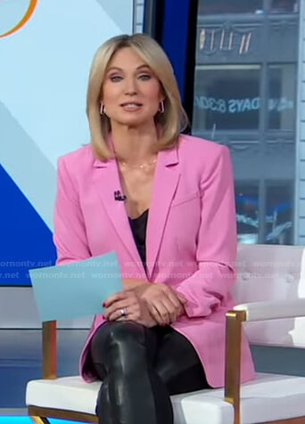 Amy’s pink ruched sleeve blazer and earrings on Good Morning America