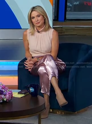 Amy’s pink sleeveless top and satin cropped pants on Good Morning America