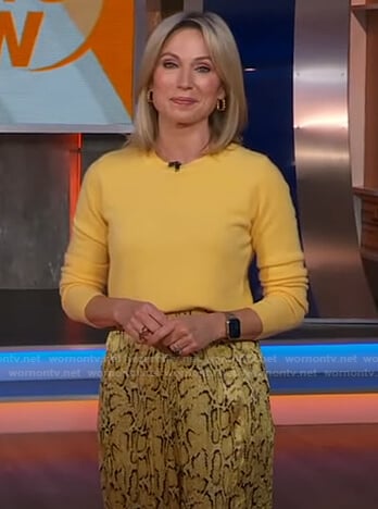 Amy’s yellow sweater and snake print pants on Good Morning America