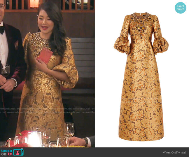 Andrew Gn Crystal-Embellished Floral Brocade Gown worn by Crystal Kung Minkoff on The Real Housewives of Beverly Hills