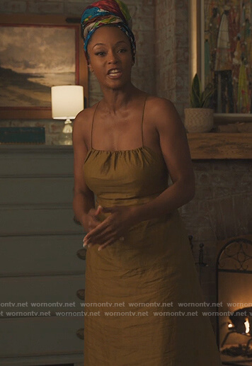 Angela’s green linen midi dress on Our Kind of People