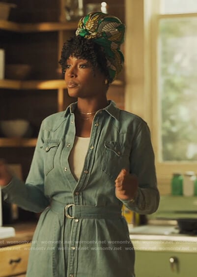 Angela’s blue denim shirtdress on Our Kind of People