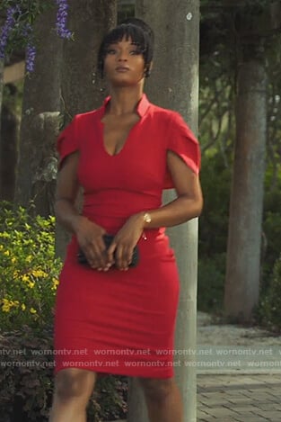 Angela’s red cape sleeve dress on Our Kind of People