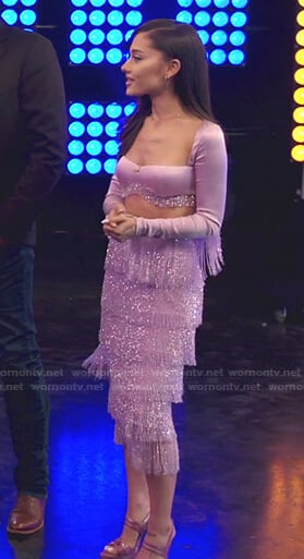 Ariana’s lilac cropped top and fringed skirt on The Voice