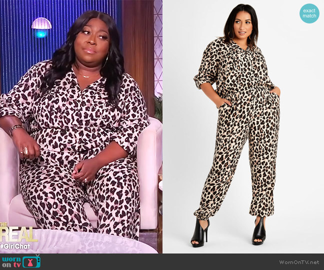 Ashley Stewart Leopard Utility Jogger Jumpsuit worn by Loni Love on The Real