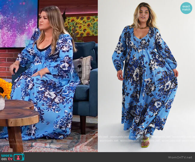 Baacal Blue Floral Maxi Dress worn by Kelly Clarkson on The Kelly Clarkson Show