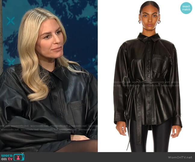 Balenciaga Back Wrap Leather Shirt worn by Morgan Stewart on E! News