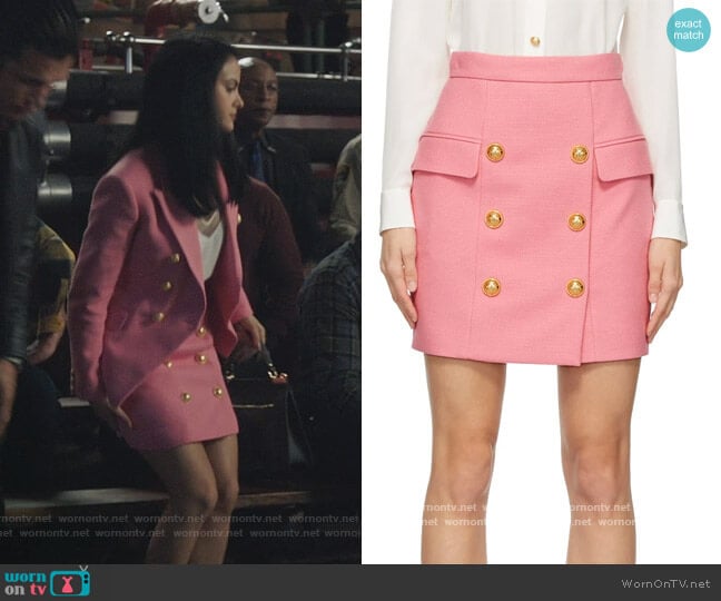 Balmain Pink Double-Buttoned Miniskirt worn by Veronica Lodge (Camila Mendes) on Riverdale