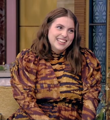 Beanie Feldstein’s tiger print turtleneck top and dress on Live with Kelly and Ryan