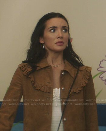 Bess’s brown ruffle suede jacket on Nancy Drew