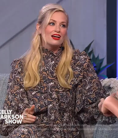 Beth Behrs’ black paisley print dress on The Kelly Clarkson Show