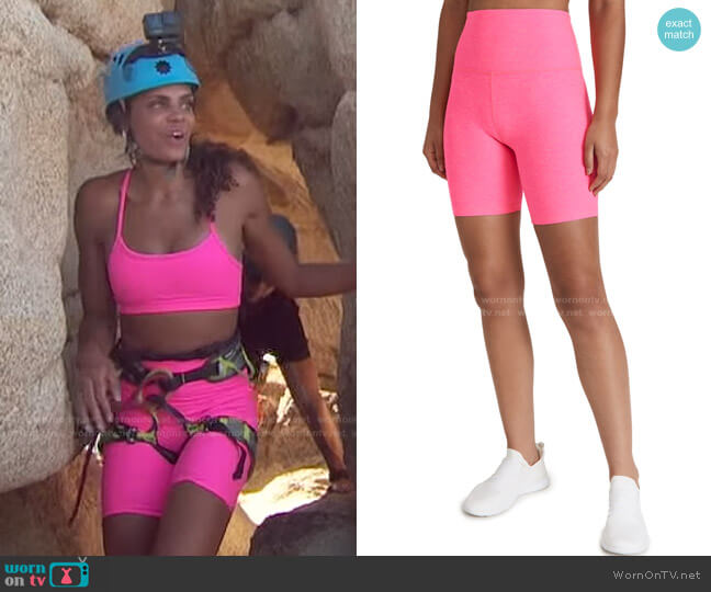 Beyond Yoga High Waisted Biker Shorts in Electric Pink Heather worn by Michelle Young on The Bachelorette