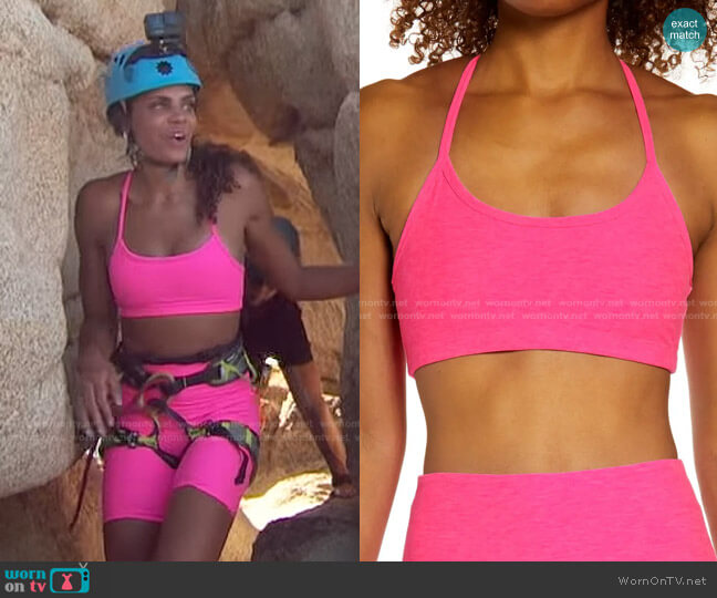 Beyond Yoga Spacedye Slim Racerback Bra in Electric Pink Heather worn by Michelle Young on The Bachelorette
