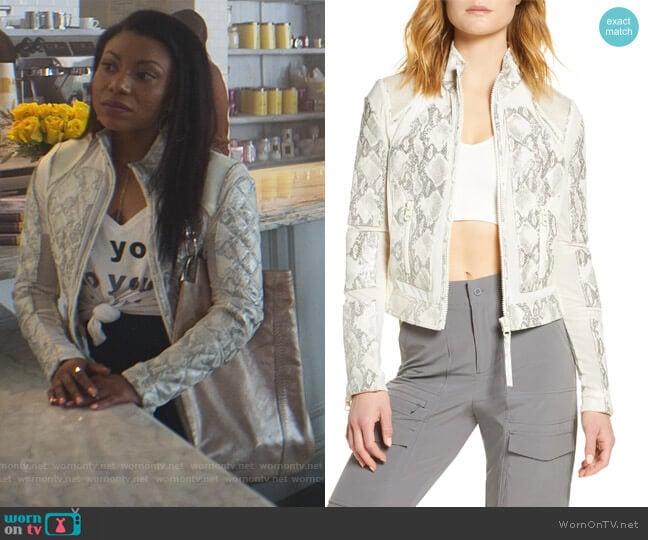 Blanc Noir Snakeskin Print Quilted Leather & Mesh Moto Jacket worn by Sherry (Shalita Grant) on You